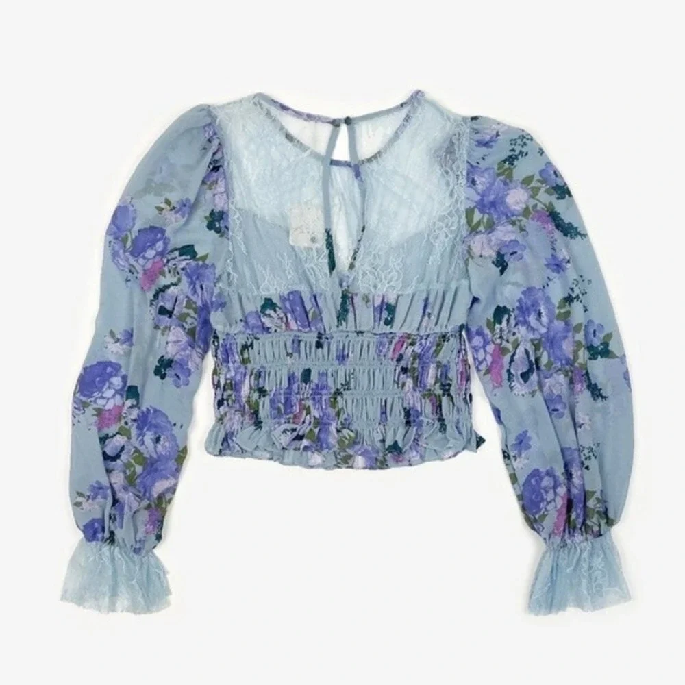 Free People Daphne Blouse Size S Blue Floral Lace Boho Cottage Girlcore Romantic